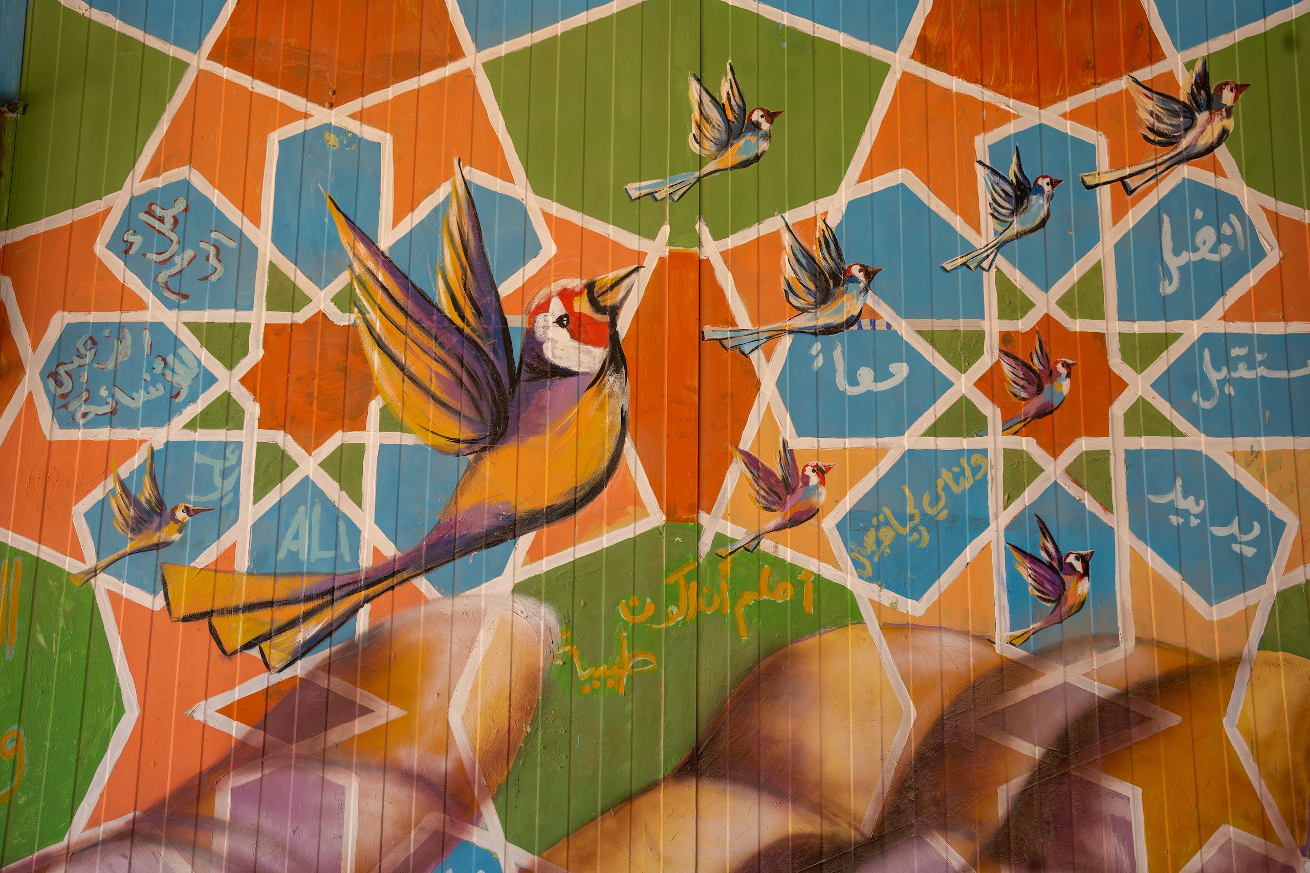 A mural of birds.